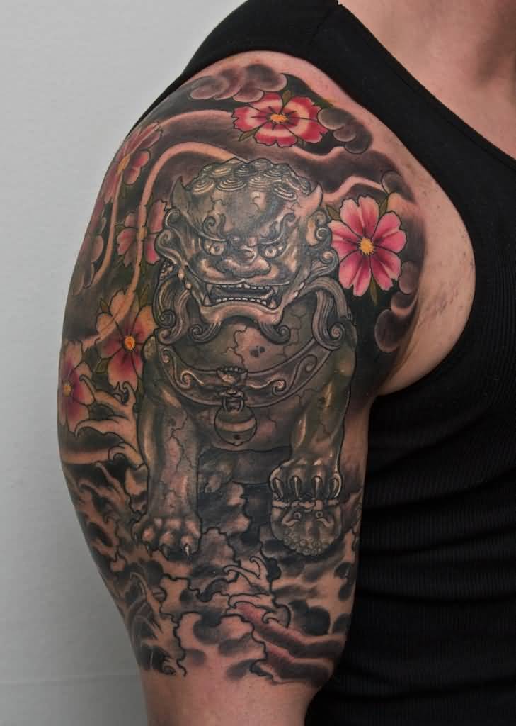 Outstanding Japanese Foo Dog With Flowers Tattoo On Half Sleeve