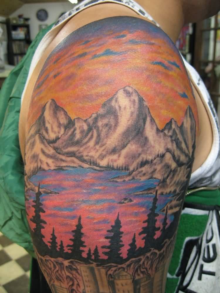 Outstanding Mountains Scene Tattoo On Right Half Sleeve