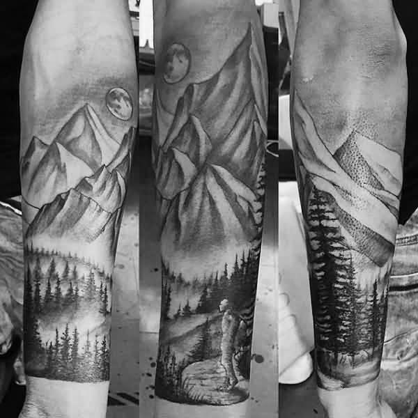 Outstanding Mountains View With Men Tattoo On Full Sleeve