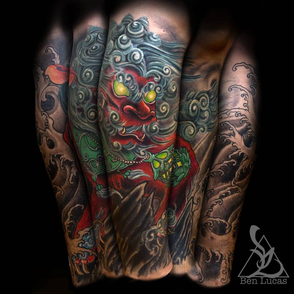 Outstanding Red Color Foo Dog Tattoo