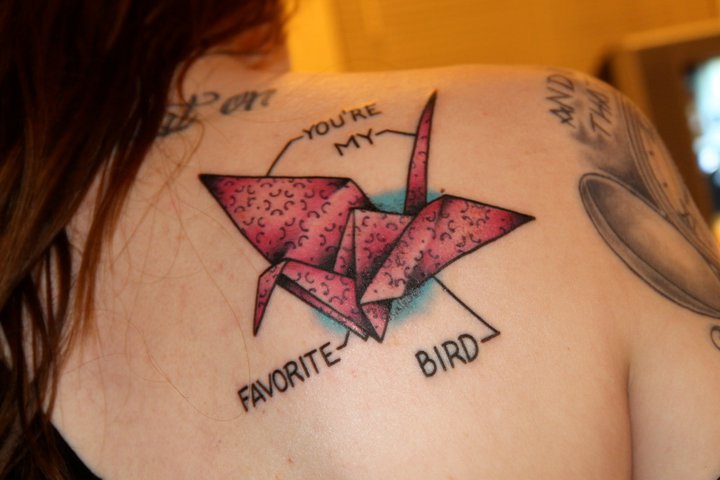 Paper Crane Tattoo On Right Back Shoulder