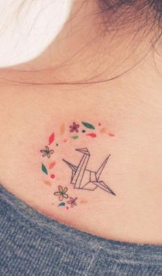 Paper Crane Tattoo On Upper Back