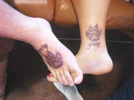 Paws With Jenny Name Matching Tattoos On Foots