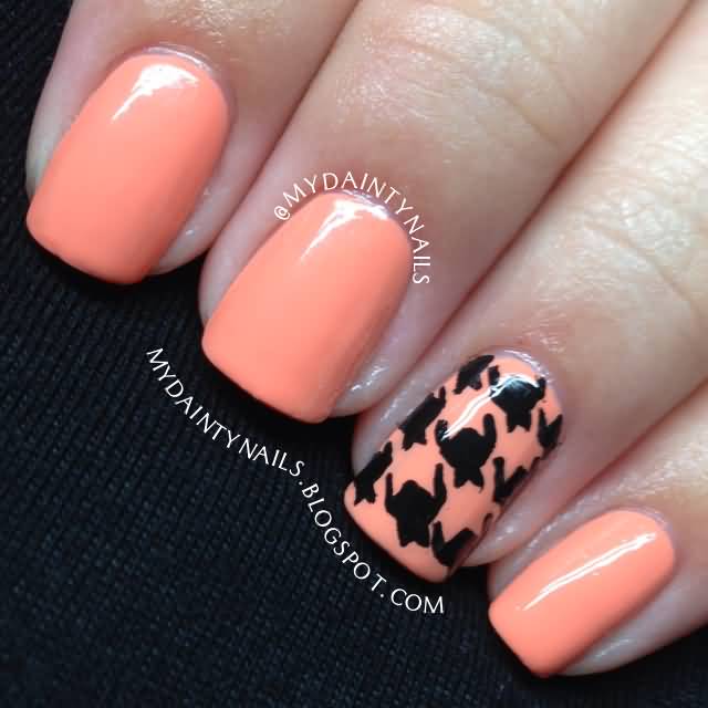 Peach And Black Accent Houndstooth Nail Art