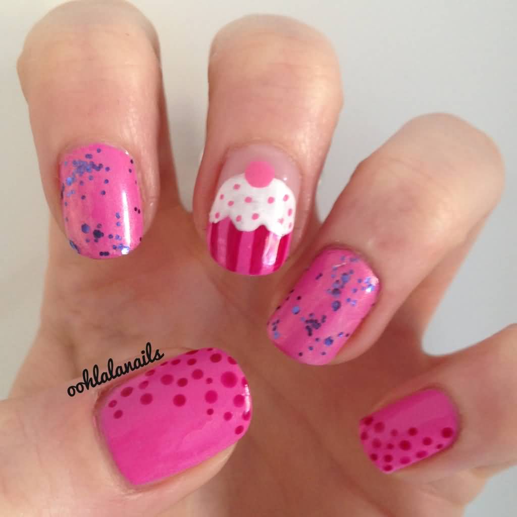 Pink Accent Cupcake Nail Art Design