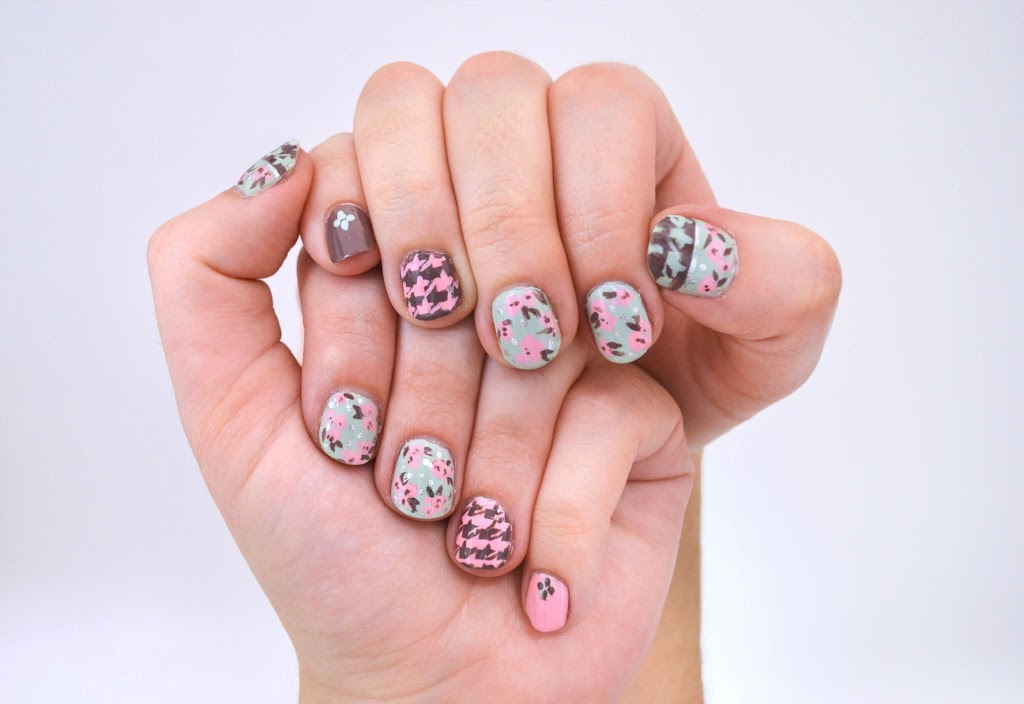 Pink Accent Nails With Black Houndstooth Nail Art