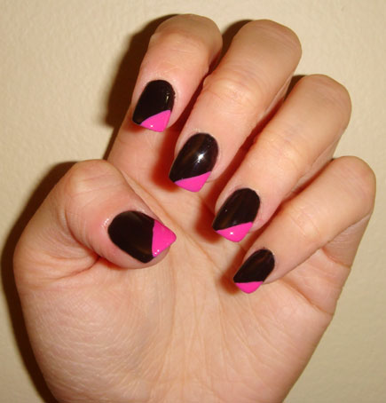 Pink And Black Diagonal Nail Art Design Idea