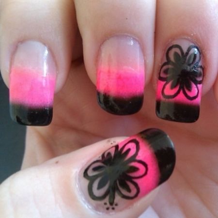 Pink And Black Flower Nail Art Design