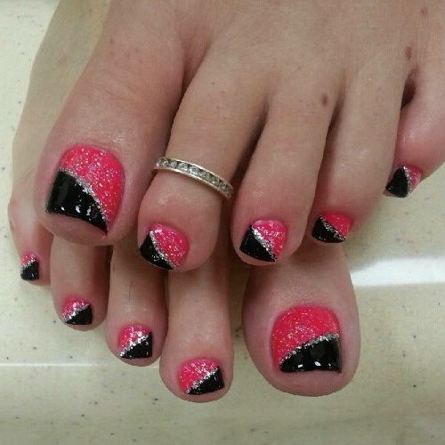 Pink And Black Glitter Toe Nail Art Design