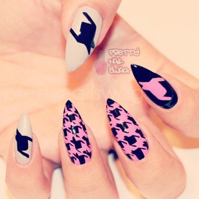 Pink And Black Houndstooth Nail Art