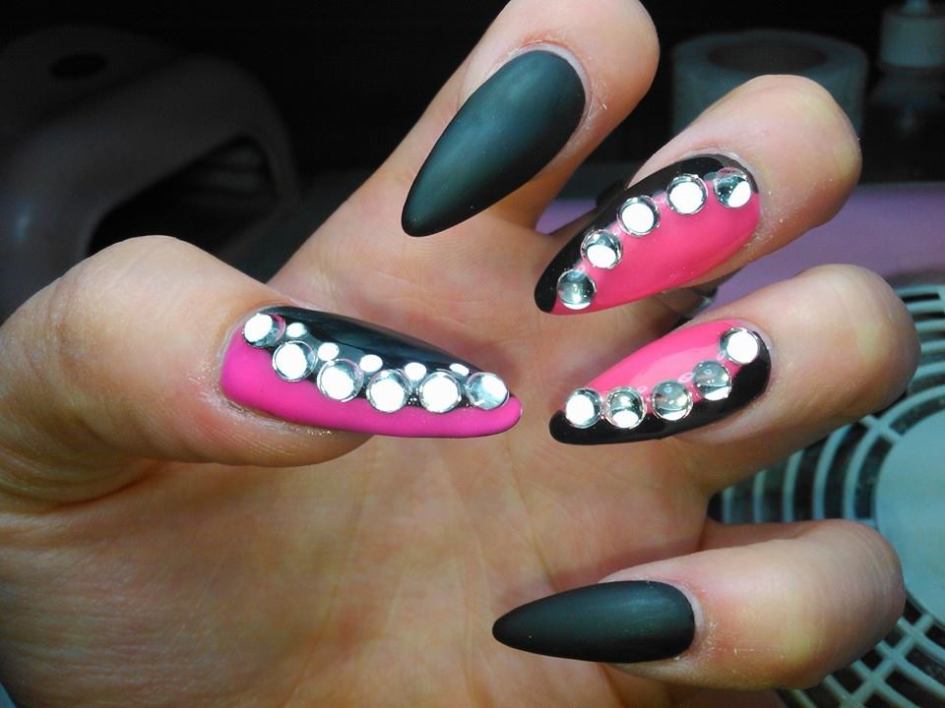 Pink And Black Nails With Rhinestones Design