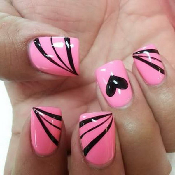 Pink And Black Stripes And Heart Design Nail Art