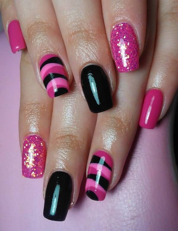 Pink And Black Two Shades Nail Art Design