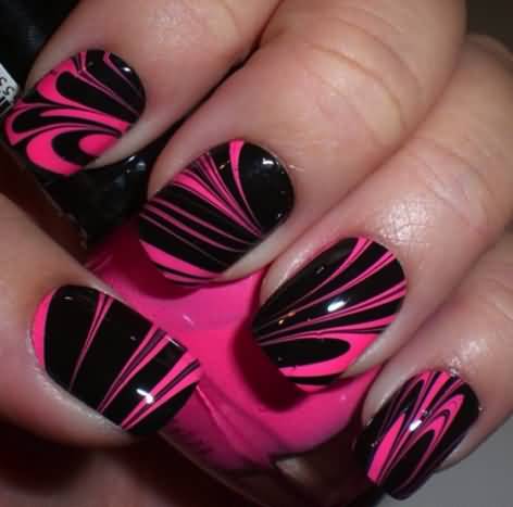 Pink And Black Water Marble Nail Art Design
