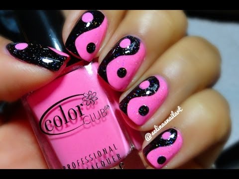 Pink And Black Yin Yang Nail Art Design