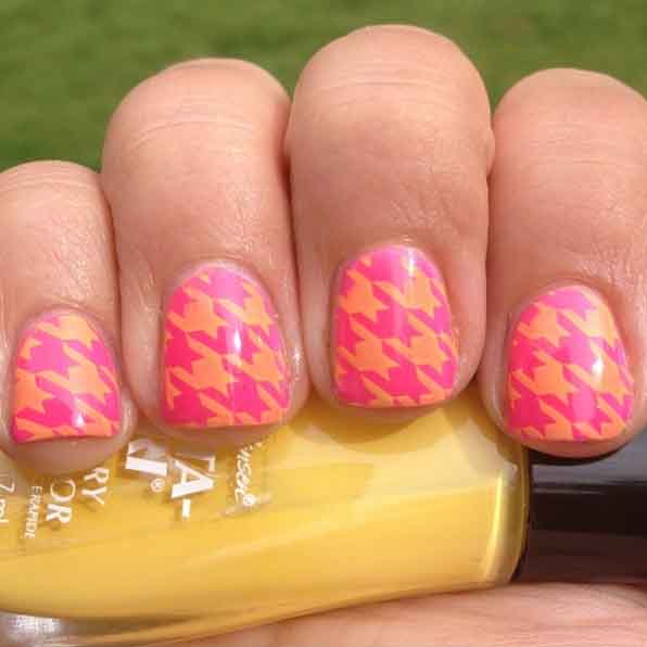 Pink And Orange Houndstooth Nail Art