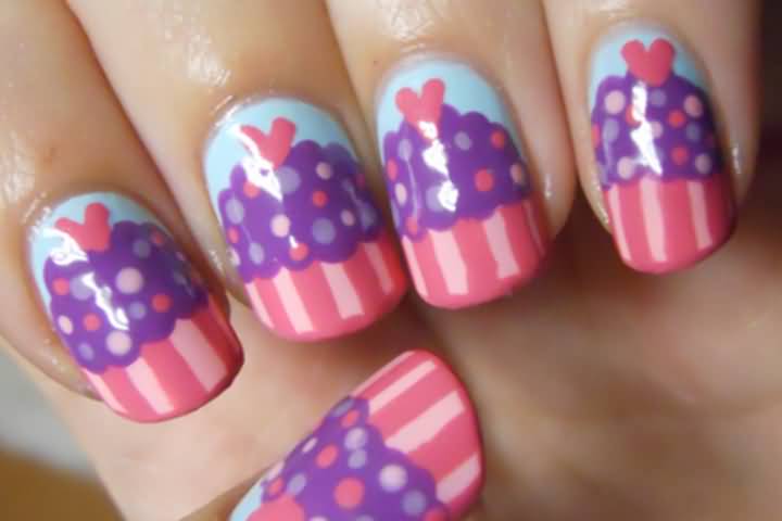 Pink And Purple Cupcake Nail Art On Blue Nails