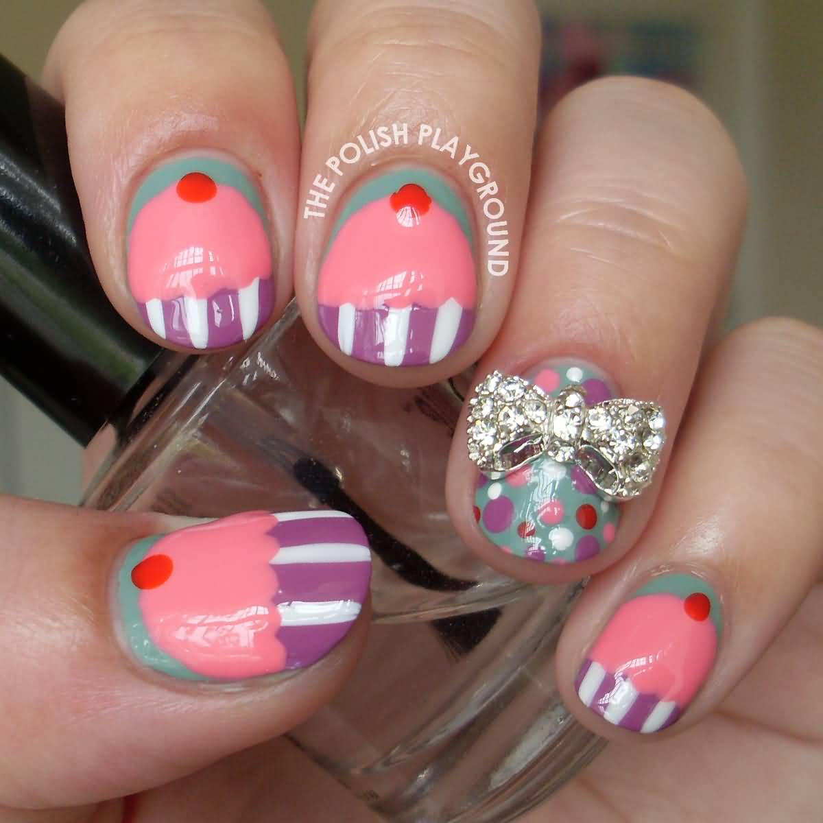 Pink And Purple Cupcake Nail Art With 3d Metallic Bow Design