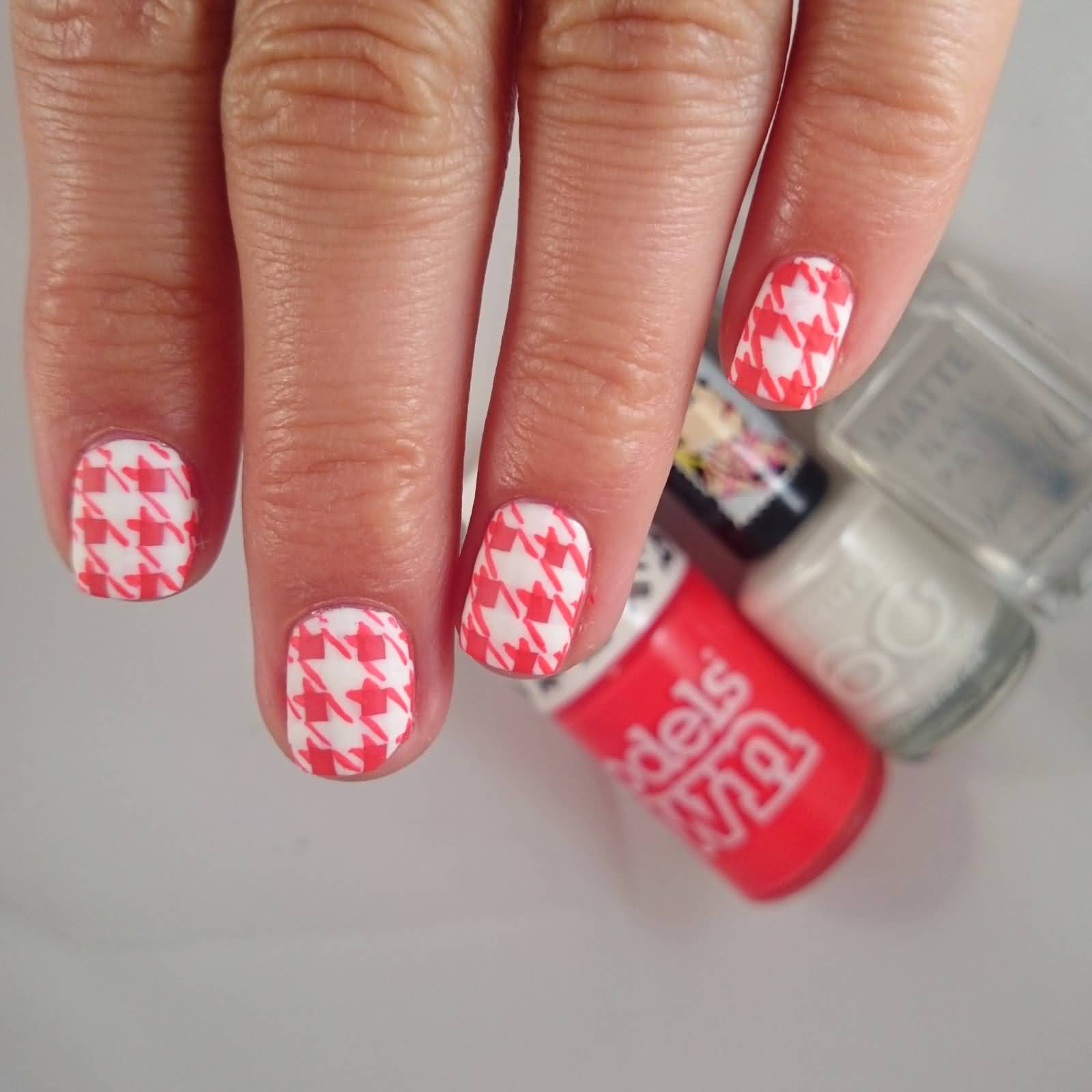 Pink And White Houndstooth Nail Art Design Idea