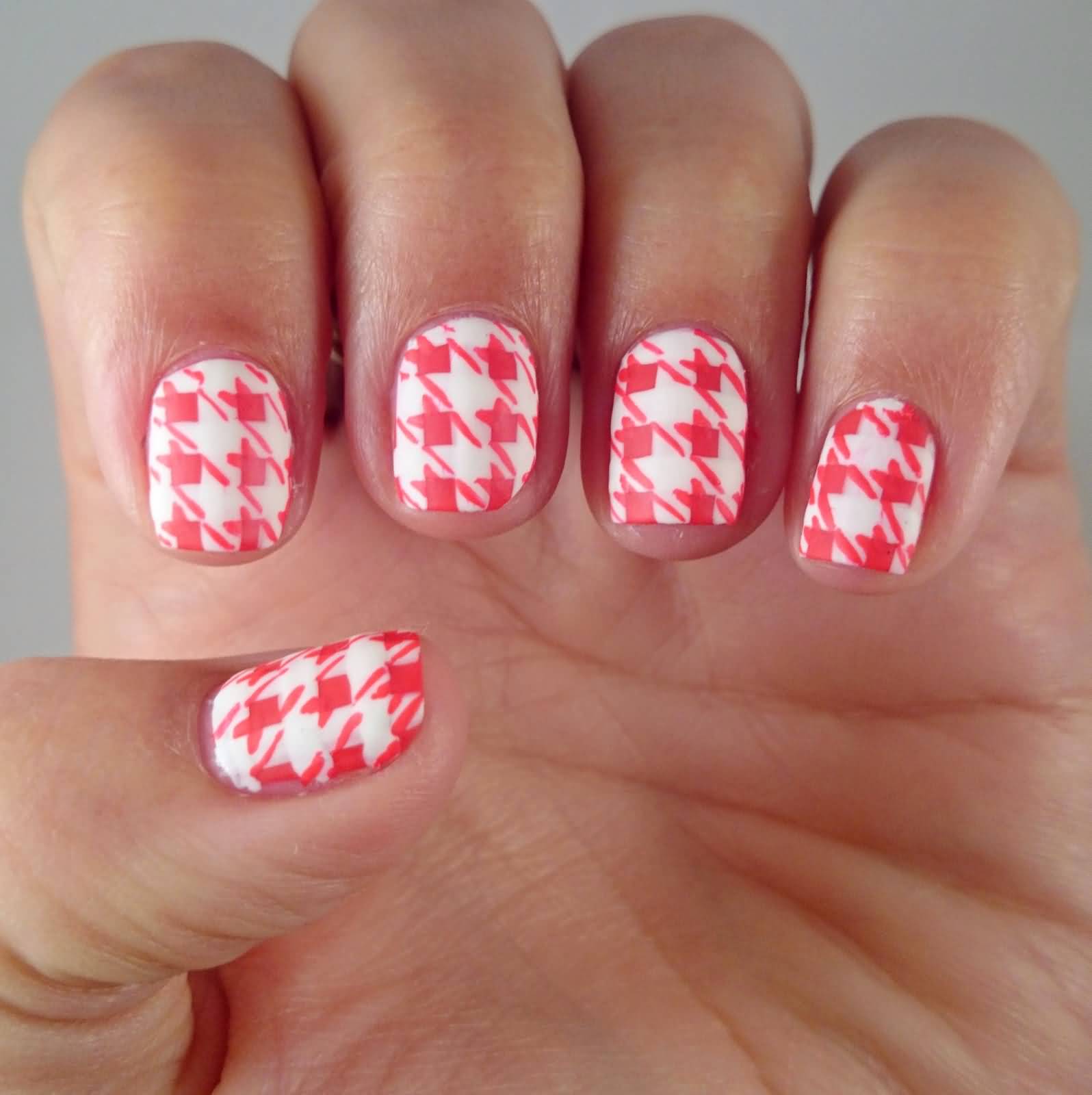 Pink And White Houndstooth Nail Art For Short Nails