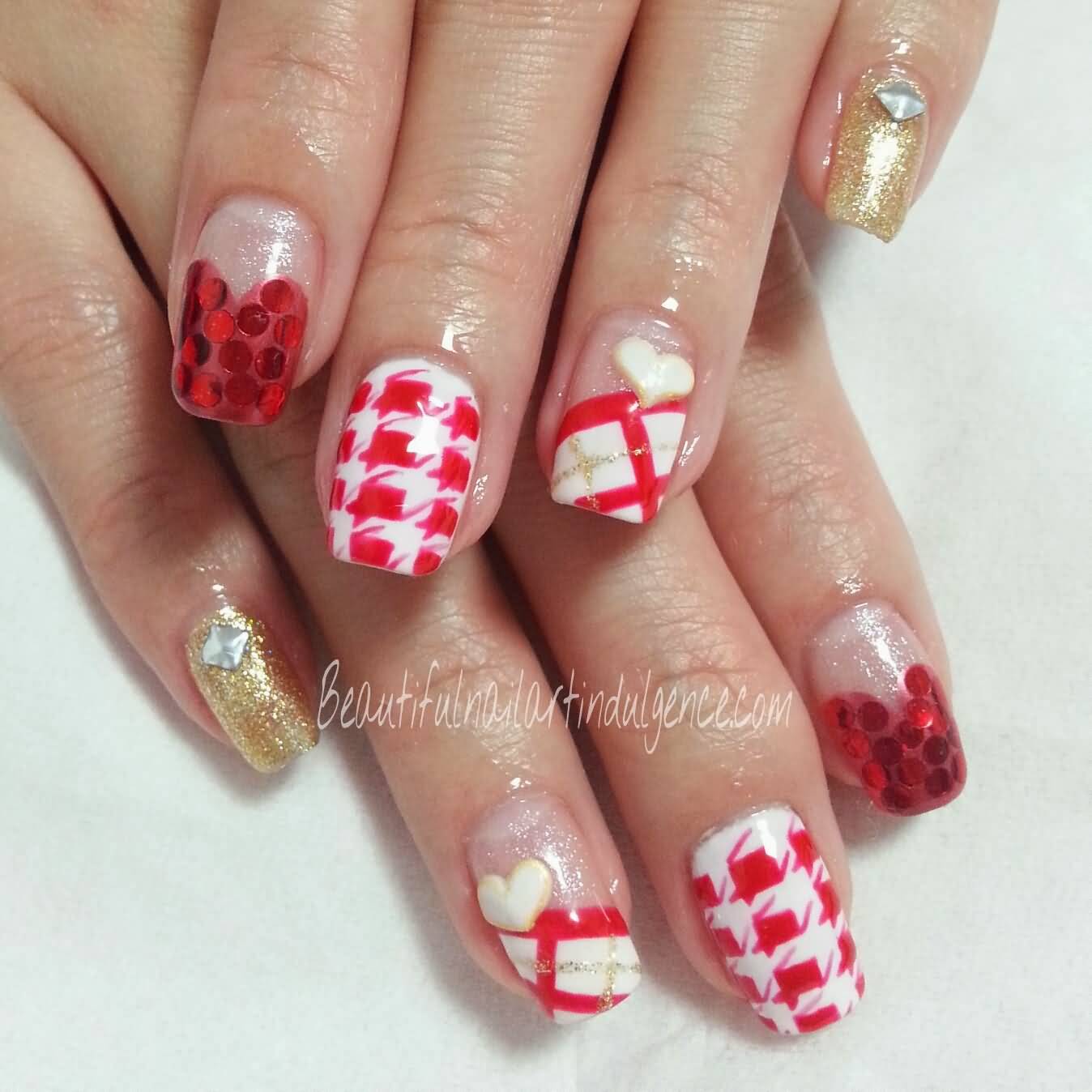 Pink And White Houndstooth Nail Art