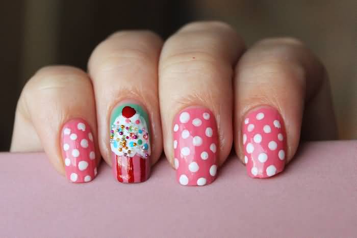 Pink And White Polka Dots Nails With Accent Cupcake Nail Art