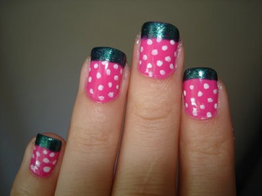 Pink And White Polka Dots Nails With Black French Tip Nail Art