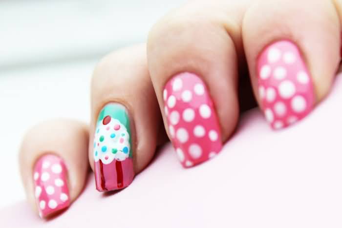Pink And White Polka Dots With Accent Cupcake Nail Art