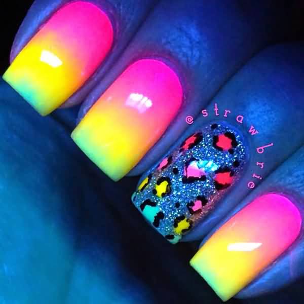 Pink And Yellow Neon Ombre Nails With Accent Leopard Print Design