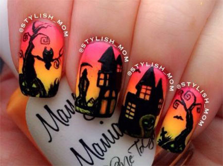 Pink And Yellow Ombre Nails With Scary House Halloween Nail Art