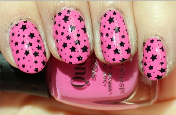 Pink Base Nails With Black Stars Nail Art
