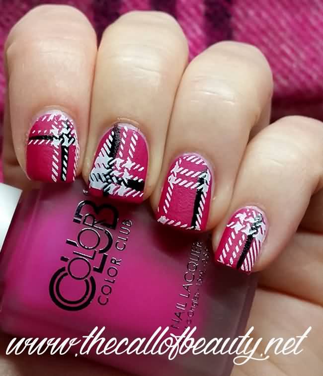 Pink Burberry Print Nail Art For Short Nails
