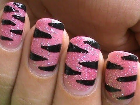Pink Glitter And Black Zebra Print Nail Art Design