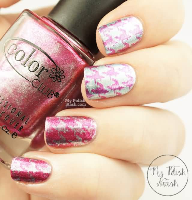 Pink Houndstooth Nail Art On Silver Nails Design