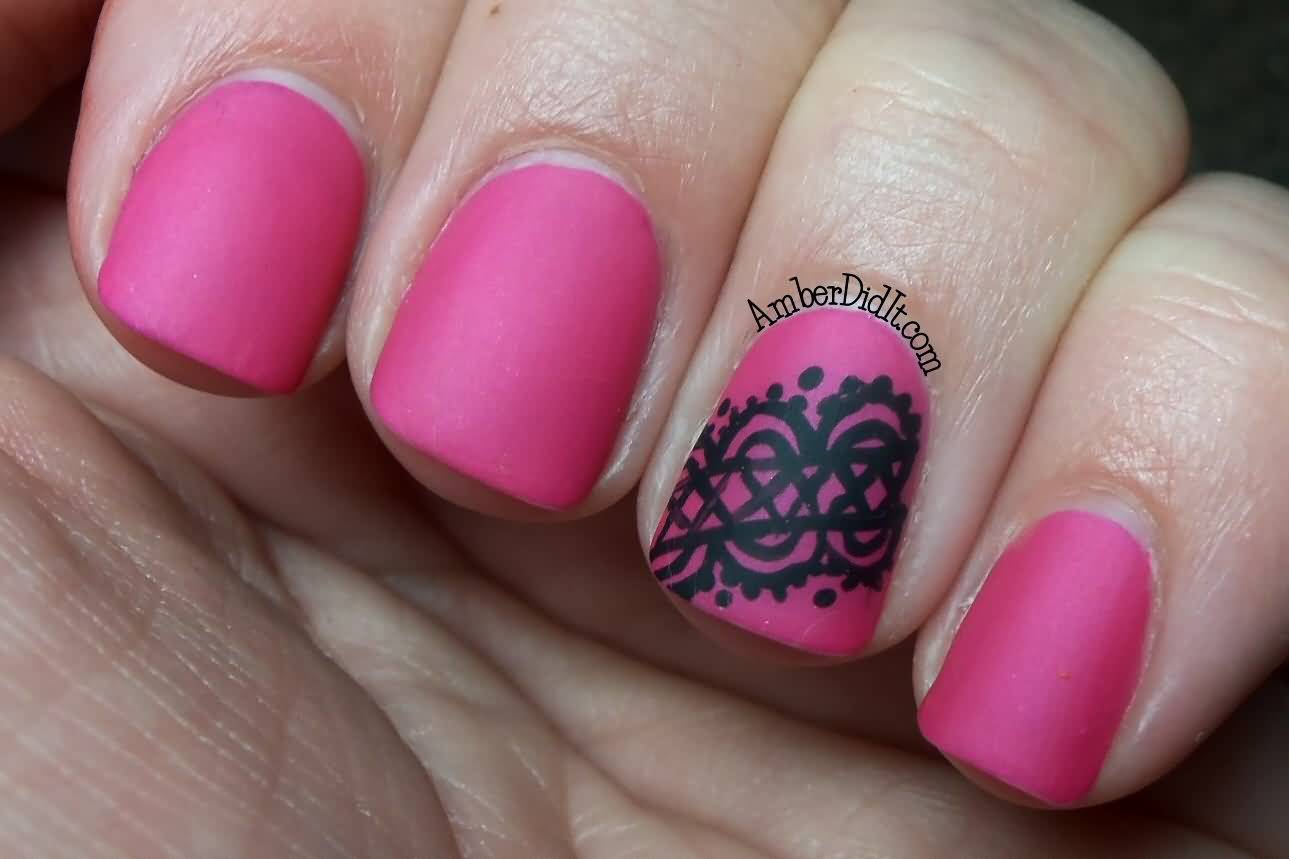 Pink Matte Nails With Black Accent Lace Design Wedding Nail Art