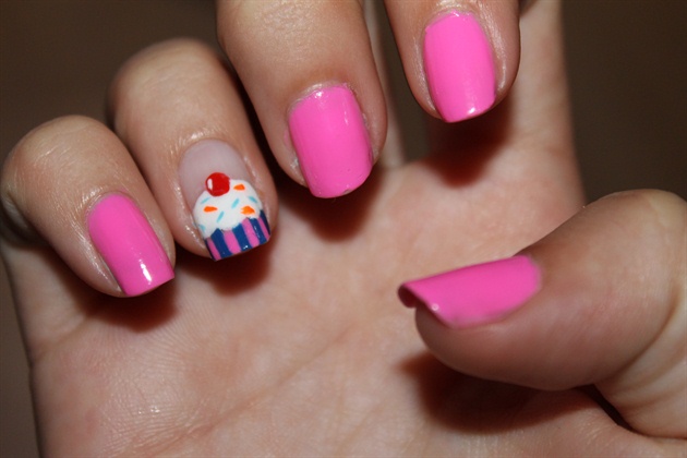 Pink Nails With Accent Cupcake Nail Art