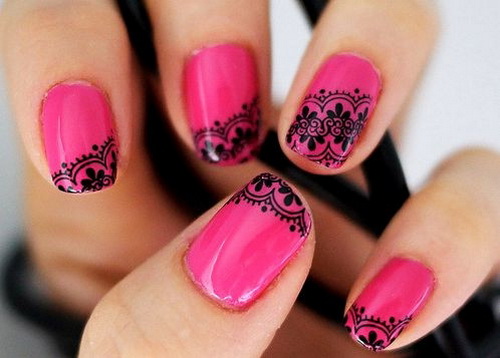 Pink Nails With Beautiful Black Lace Design Nail Art