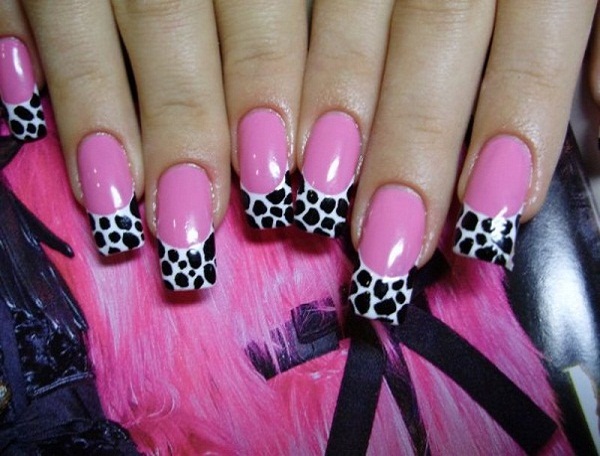 Pink Nails With Black And White Tip Leopard Print Nail Art