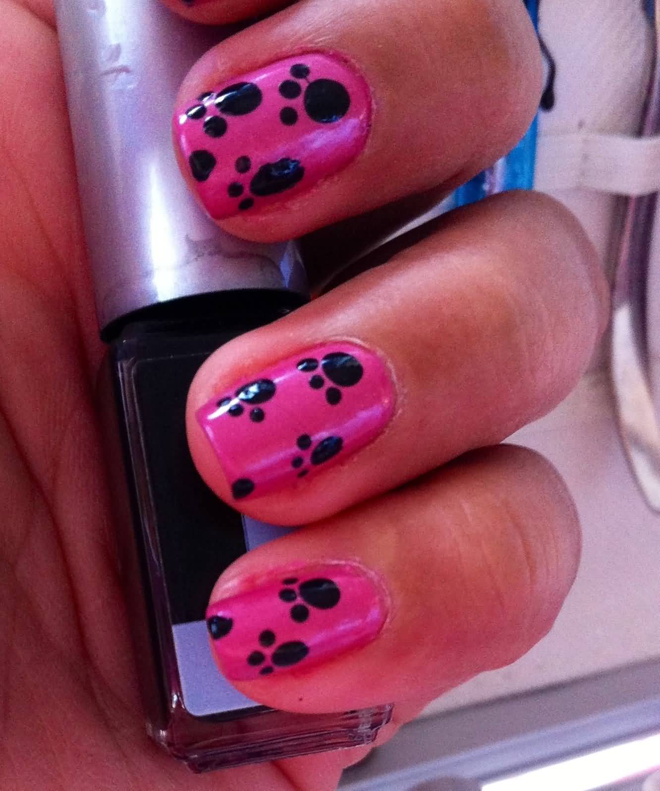 Pink Nails With Black Dog Paw Design Nail Art