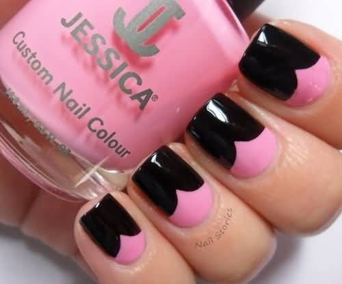 Pink Nails With Black Heart Tip Nail Art