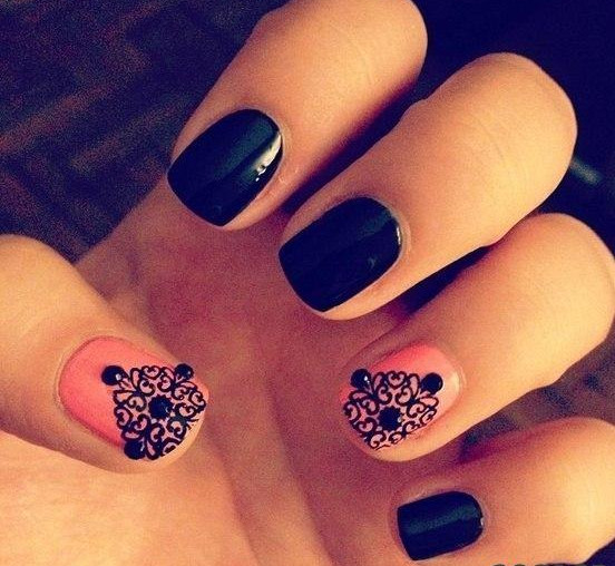 Pink Nails With Black Lace Design Nail Art