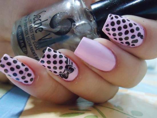Pink Nails With Black Polka Dots And Bow Design Nail Art