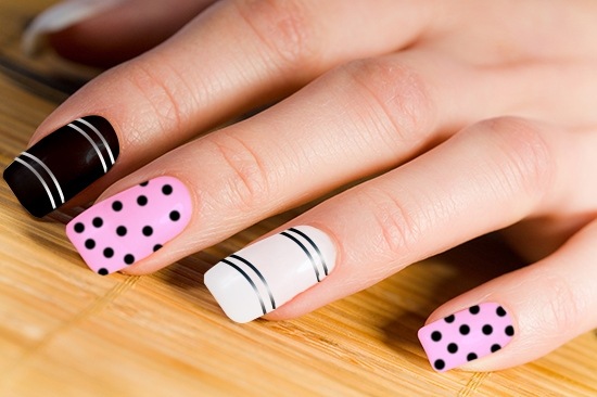 Pink Nails With Black Polka Dots Nail Art