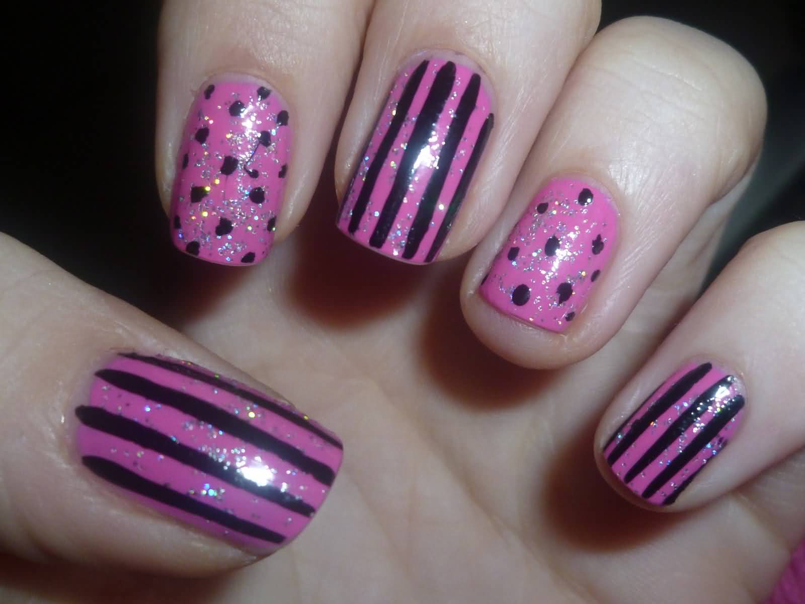 Pink Nails With Black Stripes And Polka Dots Nail Art