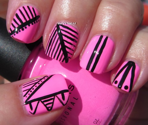 Pink Nails With Black Stripes Design Nail Art
