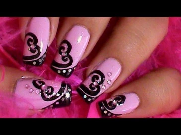 Pink Nails With Black Swirl Hearts Design Nail Art Idea