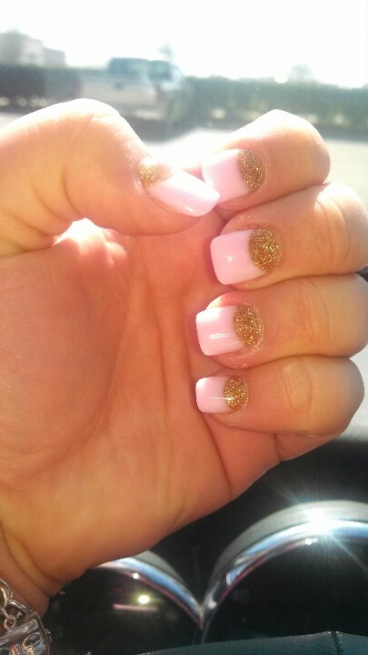 Pink Nails With Gold Glitter Reverse French Tip Nail Art