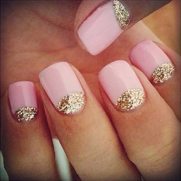 Pink Nails With Gold Glitter Reverse French Tip Nail Design Idea
