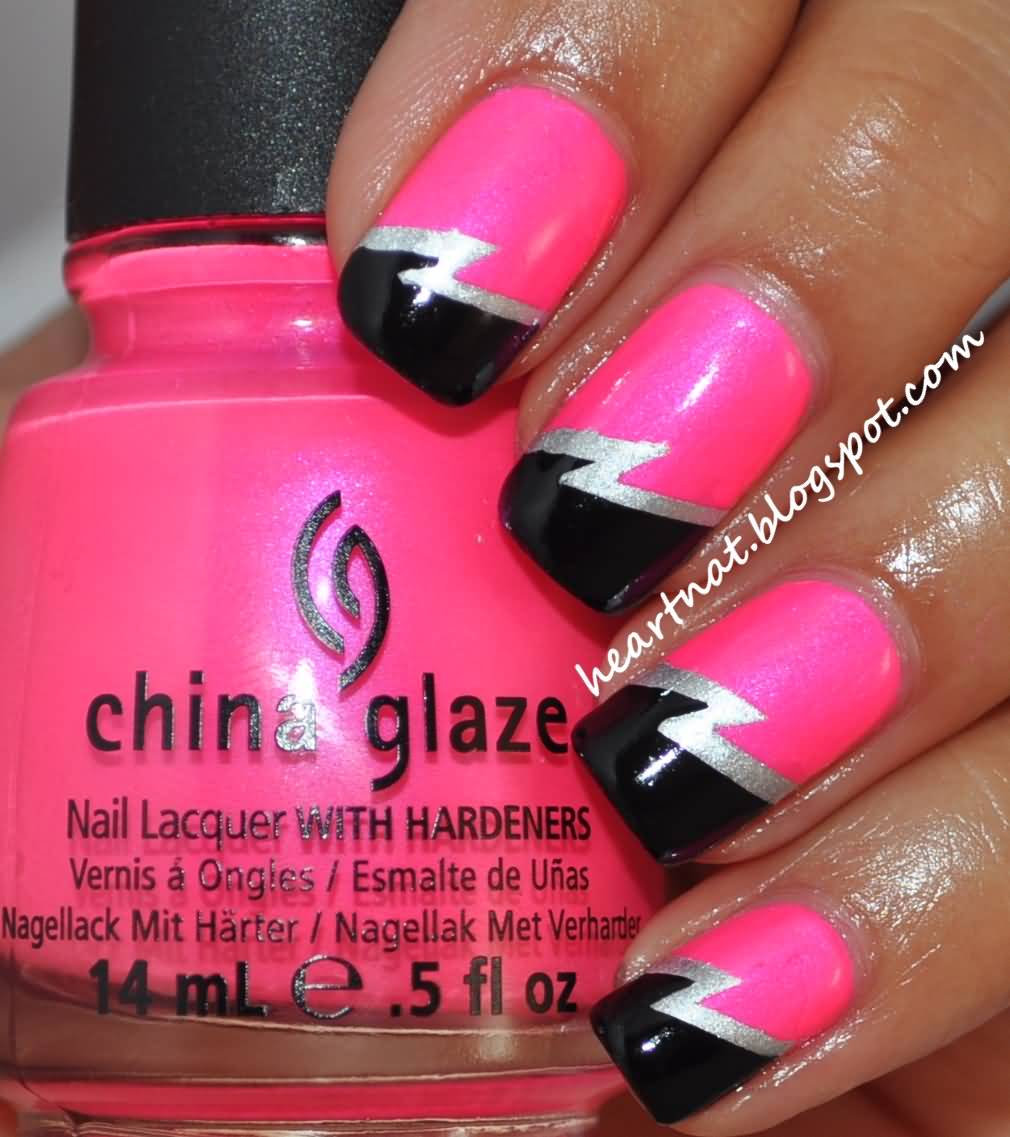 Pink Nails With Silver Thunderbolt Sign And Black Tip Nail Art
