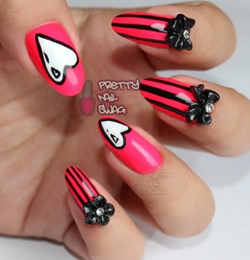Pink Neon Nails With 3d Bow Design
